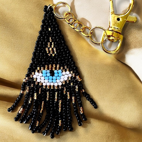 Evil Eye Bag Charm with Hand Beaded Glass Seed Beads and Gold Toned Clasp - Picture 9 of 17